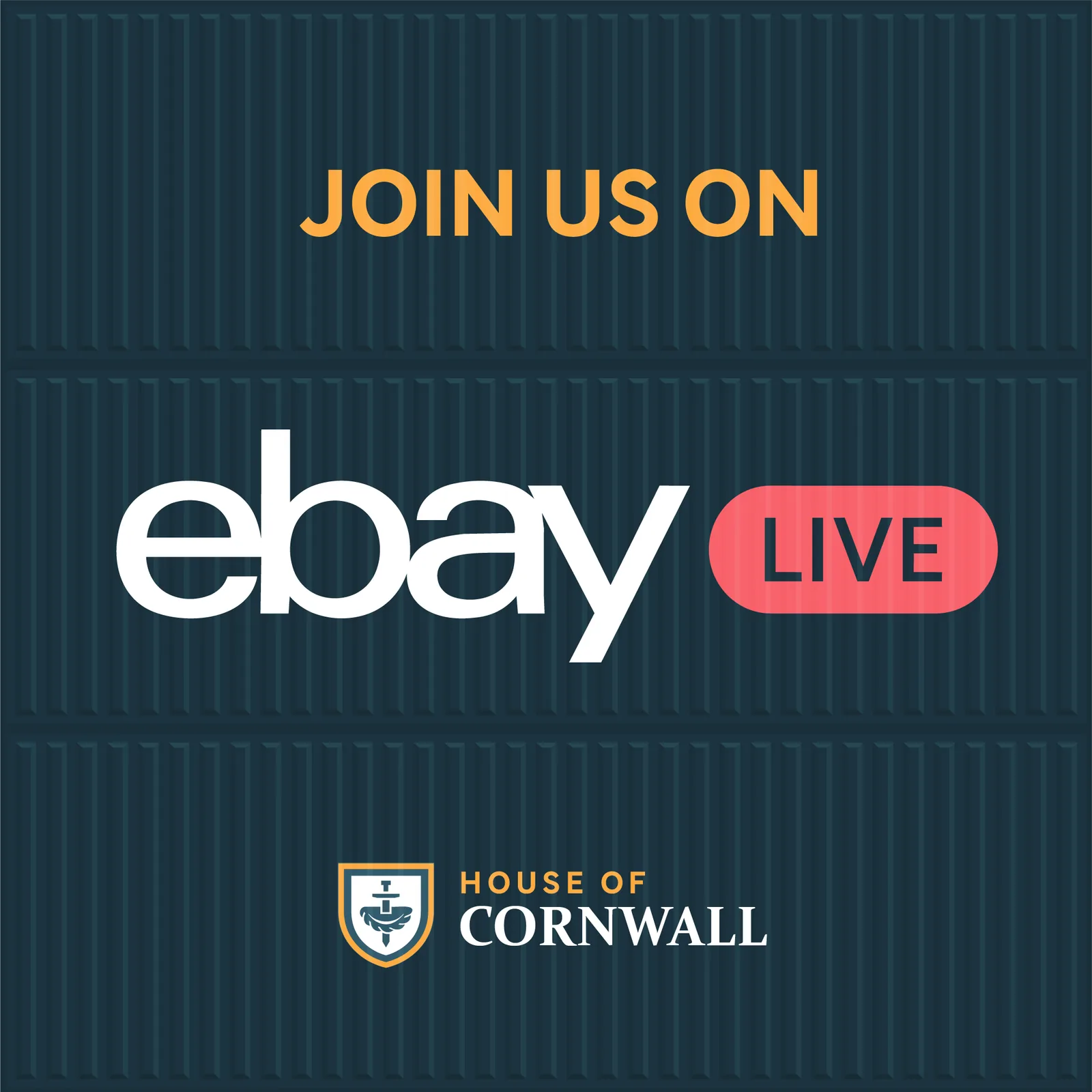 A Join us on eBay Live post in the same gold and navy system